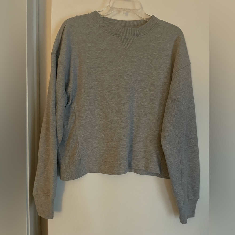 Zella- Grey Cotton Blend Crew Neck Sweatshirt Top Ribbed Side Panels